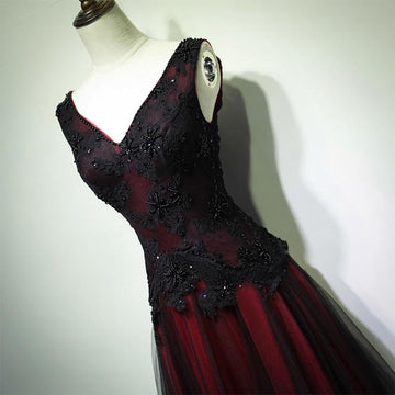 Black and Tulle V-neckline Beaded Lace Long Party Dress, A-line Prom Dress Evening Dresss HZ1023